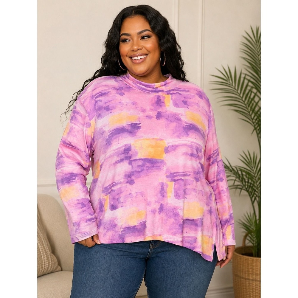 Sport Savvy Pink Purple Abstract Mock Neck Button Hem Top 2X